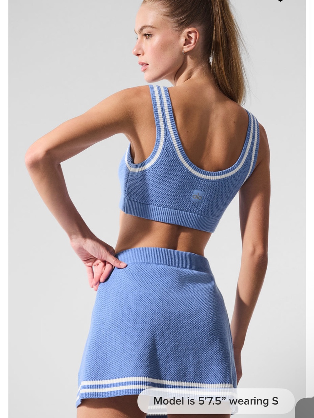 ALO Yoga Tennis Club Sweater Knit Bra-Crystal Clear Blue-NWOT - Picture 2 of 8